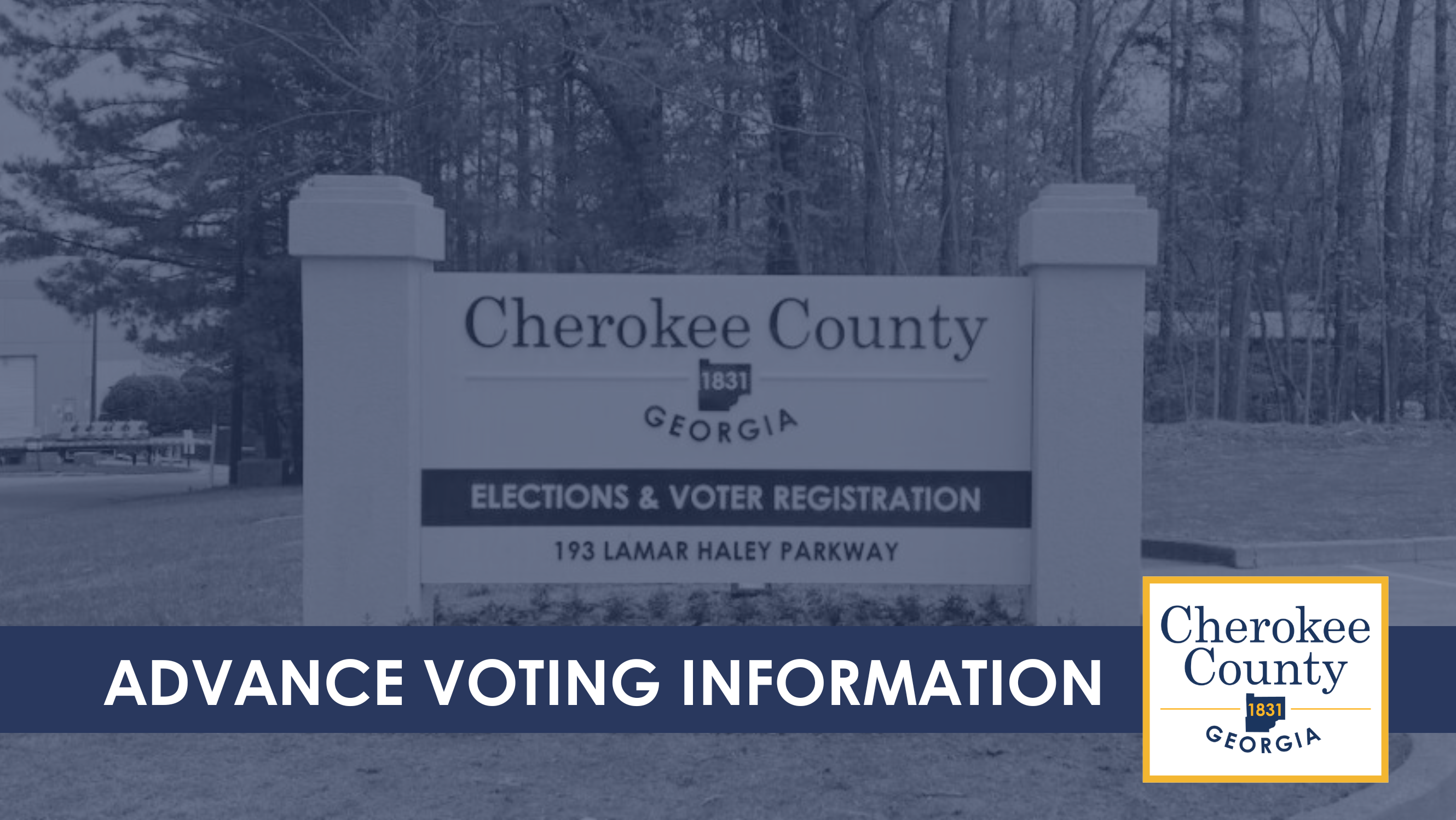 A sign for Cherokee County Elections & Voter Registration located at 193 Lamar Haley Parkway in Georgia.